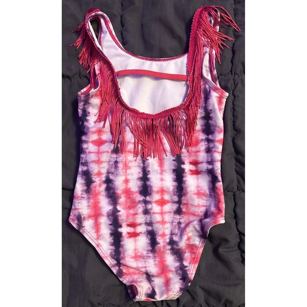 Andy & Evan Girls Pink Purple Tie Dye Fringe One Piece Swimsuit UPF 50+ 3T